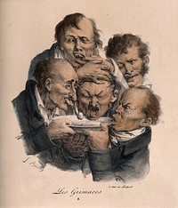 A group of deformed men force one of their number to vomit in a bowl. Coloured lithograph by F-S. Delpech after L. Boilly, 1823.