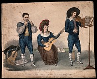 Michel Boai, a "chin performer" (on the guitar), performing with his associates, his wife playing the guitar and M. Engels playing the violin. Coloured lithograph, ca. 1830.