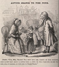 A wealthy ignorant doctor recommending expensive foods and cures to a very poor woman for her sick child. Wood engraving.