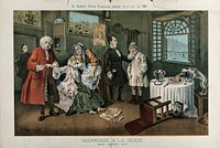 A woman on whose dress is written "Radicalism" has taken some "disestablishment poison" after reading that her lover has been hanged; the dog is eating the meal on the table, which is inscribed with "capital". Colour lithograph by Tom Merry, 14 November 1885, after W. Hogarth.