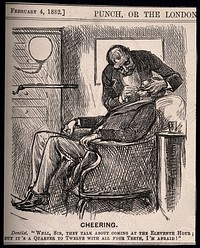 A dentist examining a patients teeth and informing him they are all in exceedingly bad condition. Wood engraving by G. Du Maurier, 1882.