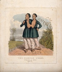 Chang and Eng the Siamese twins, aged 18, in an oriental landscape. Coloured aquatint.
