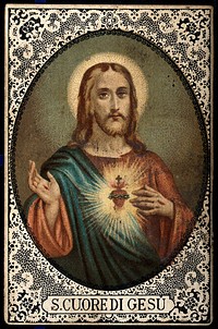 Christ showing his Sacred Heart. Colour lithograph.