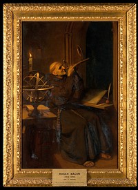 Roger Bacon in his observatory at Merton College, Oxford. Oil painting by Ernest Board.