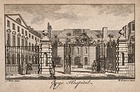Guy's Hospital, Southwark: the entrance courtyard, with various patients near the gate. Engraving by B. Green after S. Wale.