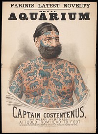 Captain Costentenus, a man with many tattooes on his body. Colour lithograph.