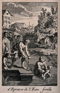 The cold-water ordeal: a man is tortured by being tied with rope and lowered into cold water. Etching.