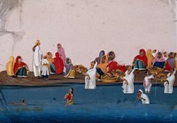 People bathing and praying in the Ganges, while a group of women sit on the shore selling religious items. Gouache painting on mica by an Indian artist.