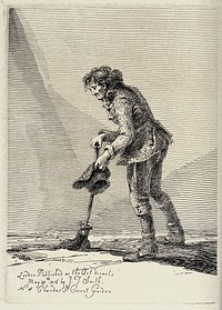 An old black man in ragged clothes holding a broom in his left hand and holding his hat in his right hand as if to beg for alms. Etching by J.T. Smith, 1815.