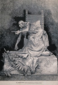 A dying man seated on a large chair, bends over the Holy Cross, reaching with his right hand towards the earth, where flowering branches lie. Wood engraving by A. Centenari after A. Riera after E. Butti, 1884.