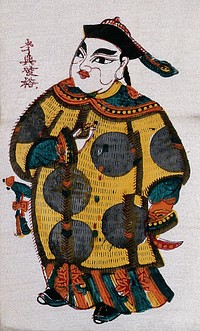 A Chinese talisman featuring a man in a fur coat. Colour woodcut by a Chinese artist.