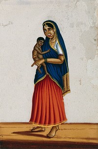 A snake charmer's wife holding a small baby. Gouache painting on mica, by an Indian artist.