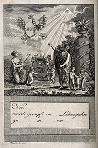 Aesculapius pays tribute to Edward Jenner for introducing vaccination. Etching by J. Gerstner after I.J. Weidlich, 1801.