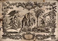 The fall; expelled from Eden, Adam and Eve raise a family and set to work. Engraving by Scotin, c. 1765.