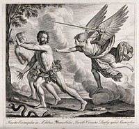 Adam and Eve expelled from Eden by an angel. Etching by H. Winstanley after G. Reni, 1728.