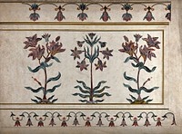 Taj Mahal: floral decoration in pietra dura on the tomb of the Empress Noor Jahan. Gouache painting by an Indian artist.