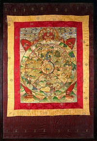 Yama, the Lord of Death, holding the Wheel of Life which represents Samsara, or the world on a Tibetan Thangka. In the central circle is a snake chasing a pig chasing a rooster chasing the snake which represents craving, hatred and ignorance. The six sections, surrounding the central circle, show representations of the six realms - the realm of the gods, the realm of the titans, the realm of the humans, the realm of the animals, the realm of the hungry ghosts and the realm of the demons.