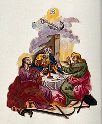 The risen Christ breaks bread with two disciples at Emmaus and is recognized by them. Watercolour painting.