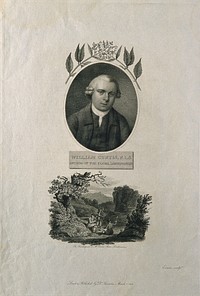 William Curtis: (above) portrait; below, Curtis and friends botanizing. Stipple engraving by W. Evans, 1802.