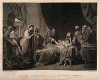 Erasistratus, a physician, realising that Antiochus's (son of Seleucus I) illness is lovesickness for his stepmother Stratonice, by observing that Antiochus's pulse rose whenever he sees her. Stipple engraving by G. Graham, 1793, after B. West.