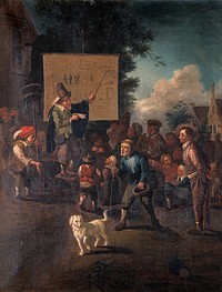 A crowd gathered around a mountebank who points to a banner illustrating various methods of execution; to the left stands a rat-catcher. Oil painting after C.W.E. Dietrich  after A. van Ostade .