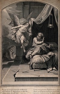 The angel tells Joseph to awaken and take Jesus and Mary to Egypt. Engraving after P. Mignard.