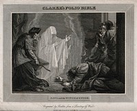 The witch of Endor conjures up the ghost of Samuel at the request of Saul, who lies petrified on the ground. Engraving by W. Raddon, 1811, after B. West.