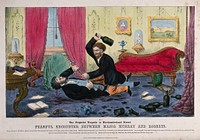Major Murray, having been shot by Mr Roberts in the latter's rooms in London, retaliates by attacking Roberts with a beer bottle. Coloured lithograph, 1861.