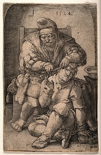 An itinerant surgeon extracting stones from a man's head; symbolising the expulsion of 'folly' (insanity) Line engraving by L. van Leyden, 1524.
