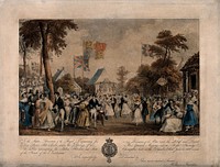 Regent's Park, London: a charity fair for the Royal dispensary for diseases of the ear. Coloured lithograph by M. Gauci, 1832.
