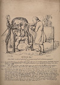 A doctor examining a disgruntled patient, John Bull, who is being reassured by his master. Lithograph by Crichton, 1834.
