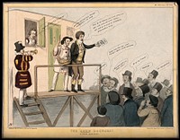 A quack and a clown on stage presenting their wares to a hostile audience; referring to various politicians reactions to the replacement of the fixed duty on corn. Coloured lithograph by J. Doyle, 1841.