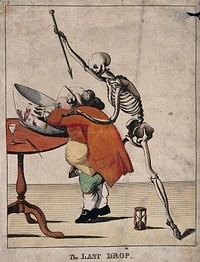 A short stout man drinks from a punchbowl, while Death approaches him from behind and aims his dart at him. Etching by M. Darly, 1773.