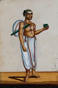 A Brahmin beggar holding a begging bowl. Gouache painting on mica, by an Indian artist.
