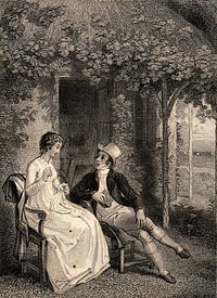 A young couple sit talking in a garden. Engraving by C. Heath, 1830, after T. Stothard.