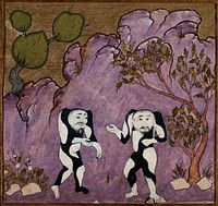 A pair of fabulous creatures, human in appearance but with no necks and with black and white patterns over their bodies. Gouache painting by an Persian artist, ca. 1600.