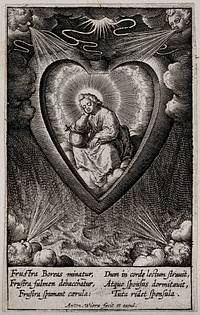 The Christ Child sleeps as a bridegroom in the believer's heart, making it safe as a bride from wind and storm raging outside. Engraving by A. Wierix, ca. 1600.