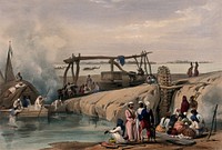 People are gathered around the water's edge, a large vessel has arrived and people are climbing out on to the land. Coloured lithograph.