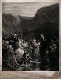 A baptism of a group of babies according to the Covenanter's rite in a stream in a valley. Line engraving with mezzotint by C. E. Wagstaff after G. Harvey.
