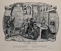 A gin shop: an elegant young woman is selling gin to a group of paupers who are standing in a mantrap; the walls decorated with coffins; Death enters the room dressed as a nightwatchman. Etching by G. Cruikshank, 1829.