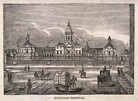 Blue-coat Hospital, London: the front elevation, with horse-drawn and pedestrian traffic in the foreground. Wood engraving by R. Clayton.