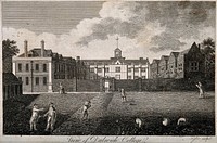 Dulwich College: the original buildings, with boys playing and sheep grazing in the foreground. Engraving by [J.] Taylor.