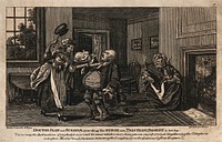 An episode in Tristram Shandy: Dr. Slop being attacked by Susannah with a saucepan, while the nurse holds the baby Tristram Shandy. Etching after L. Sterne.