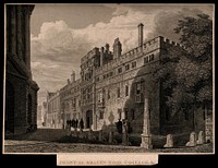 Brasenose College, Oxford: with schoolchildren at the side of the Radcliffe Camera. Line engraving.