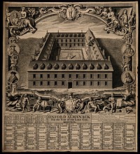 A quadrangle designed for St Mary's Hall, Oxford. Engraving by G. Vertue, 1746.