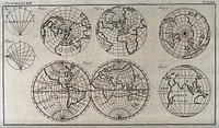 Geography: six views of the Earth, showing different ways of projecting information. Engraving.