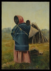 A woman carrying a baby on her back, a tent in the background. Oil painting.