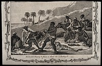 Two Khoikhoi people (South African tribe) tearing the intestines of an ox apart to eat; four men seated in the background, one of them eating intestines of the ox. Engraving, 1768.