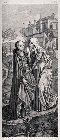 The Virgin Mary and Elizabeth palpate each other's pregnant bellies on a hill. Engraving by C. Lasinio after Metalli after A. Dürer.