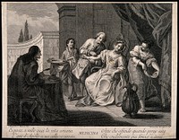 A surgeon bleeding a woman patient's arm, he is assisted by two attendants. Engraving by F. Baretta after P. Mainoto.